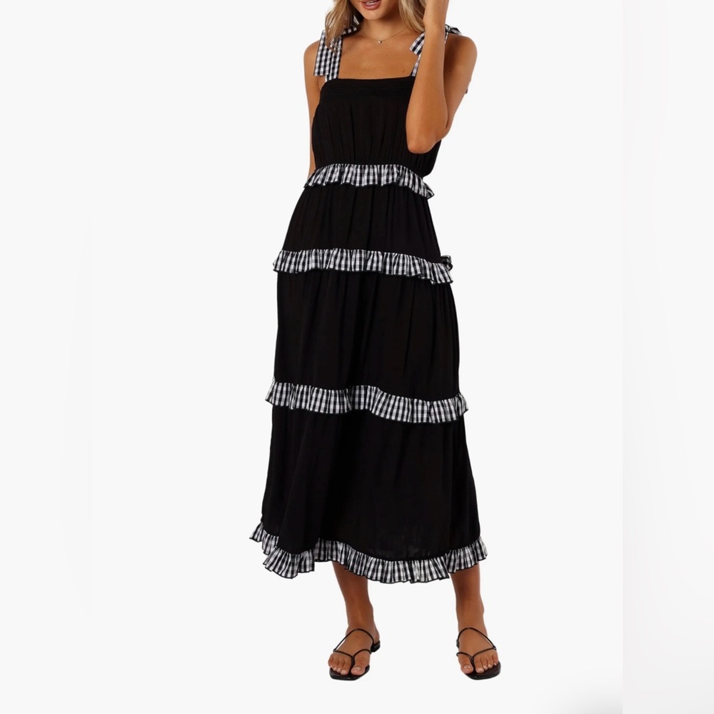 Petal & Pup Chantry Check Ruffle Tie Strap Midi Dress (Black, L)